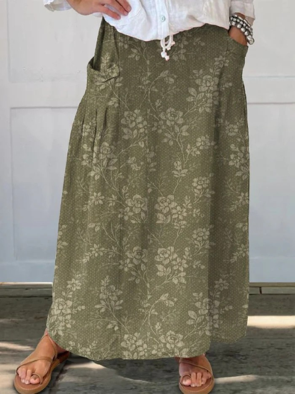 Maxi skirt for women - floral a-line with pockets - casual