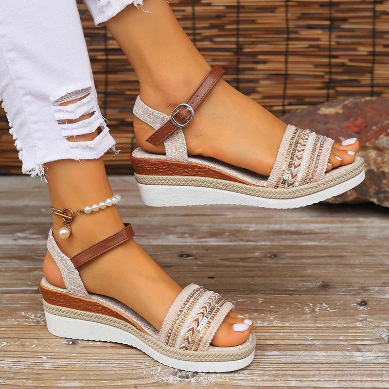 Women's wedge sandals - embellished open toe espadrilles - summer holiday