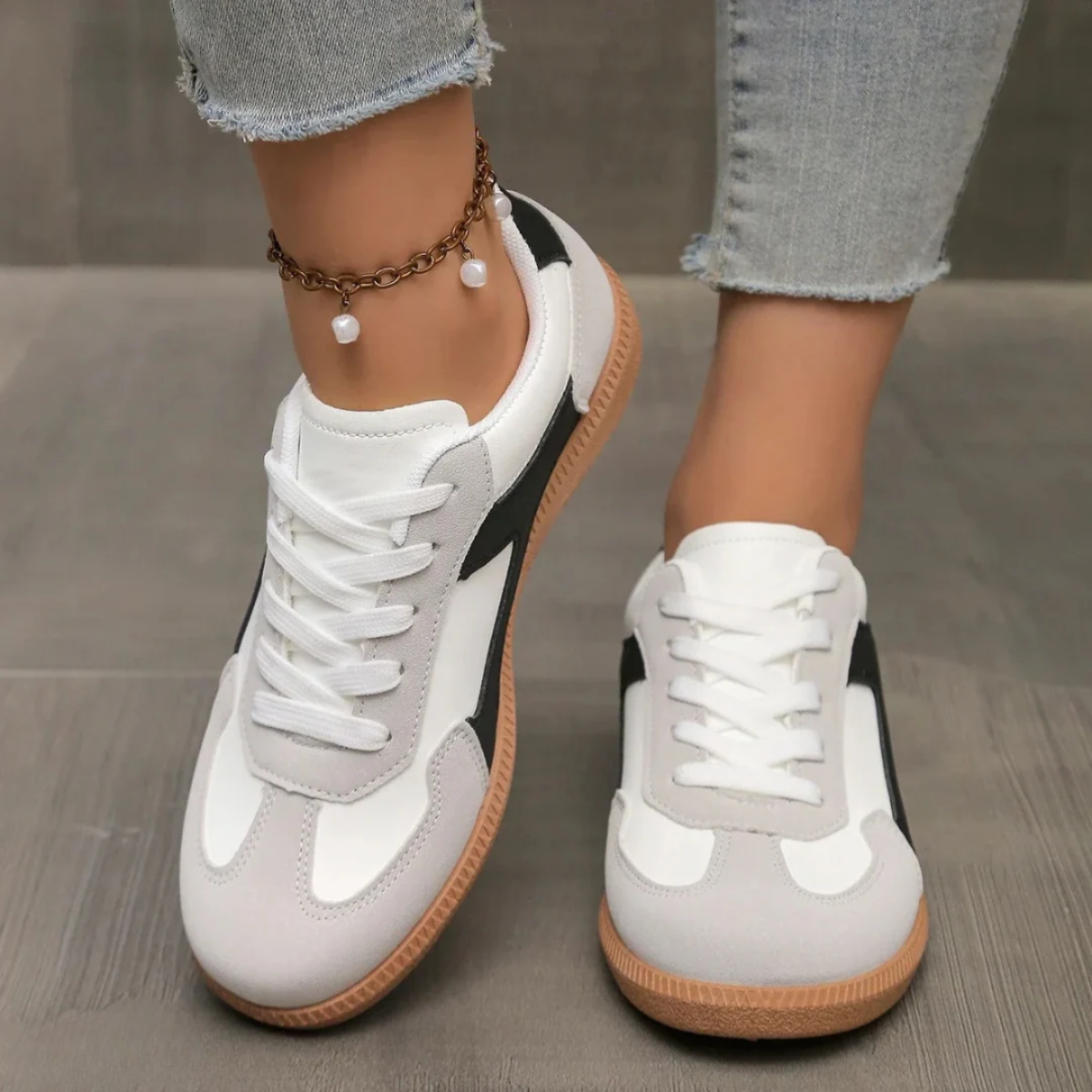 Women's sneakers - lace-up sport shoes with contrast outsole - daily errands