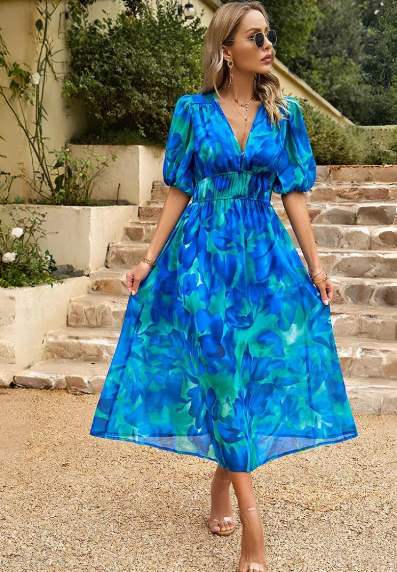 Women's midi dress - floral print A-line dress with puff sleeves - smart casual