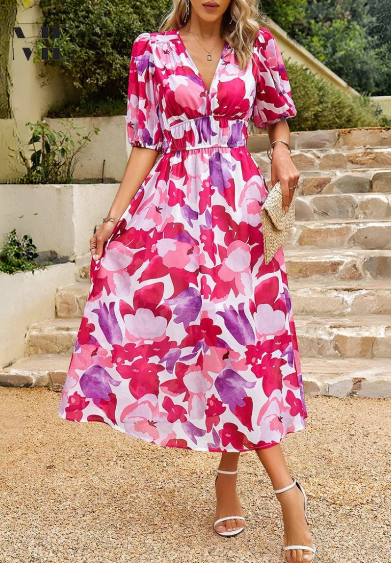 Women's midi dress - floral print A-line dress with puff sleeves - smart casual