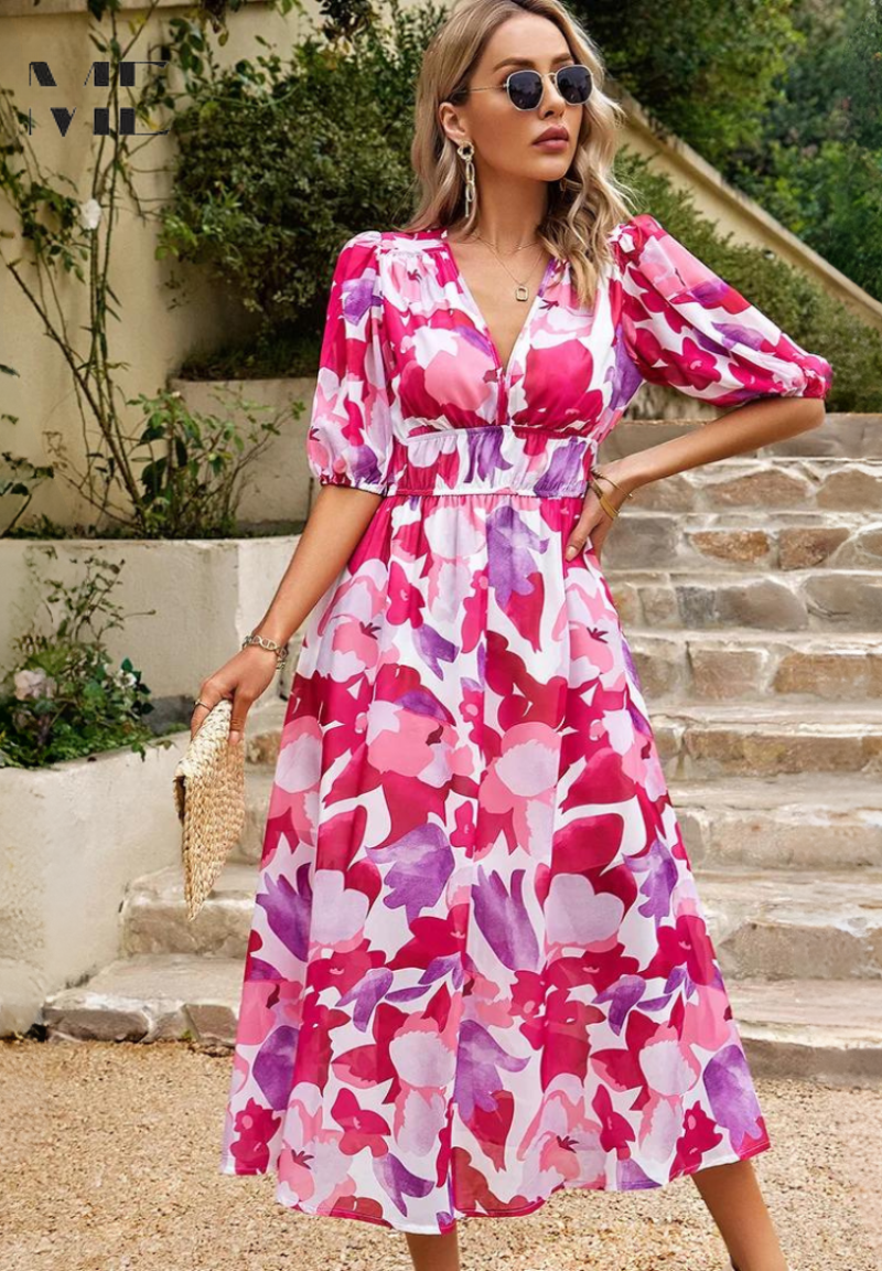 Women's midi dress - floral print A-line dress with puff sleeves - smart casual