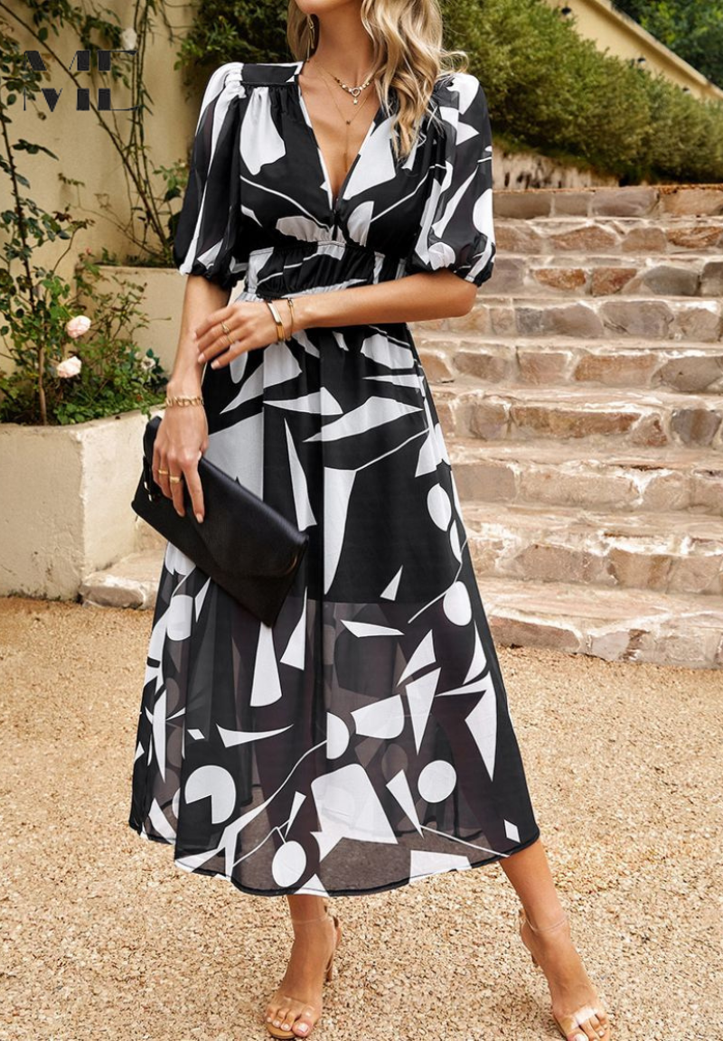 Women's midi dress - floral print A-line dress with puff sleeves - smart casual