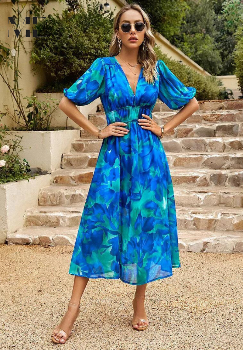 Women's midi dress - floral print A-line dress with puff sleeves - smart casual