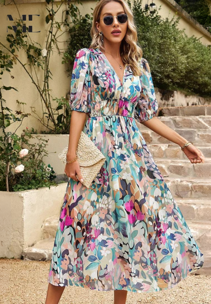 Women's midi dress - floral print A-line dress with puff sleeves - smart casual