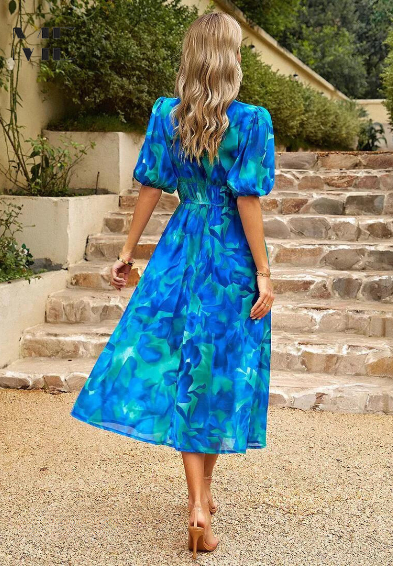 Women's midi dress - floral print A-line dress with puff sleeves - smart casual