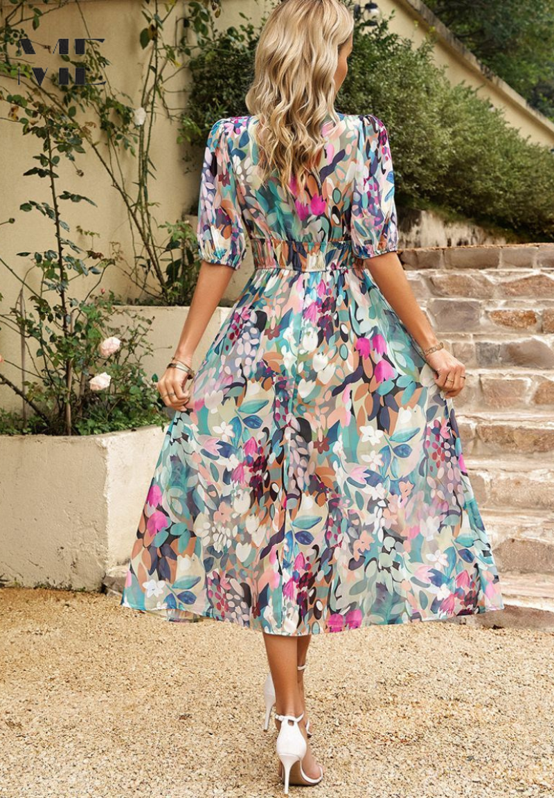 Women's midi dress - floral print A-line dress with puff sleeves - smart casual